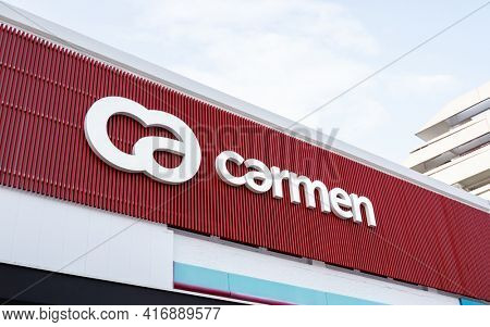 ANGLET, FRANCE - CIRCA MARCH 2021: Carmen sign and logo on building facade. Carmen is a real estate agency group from south west France.