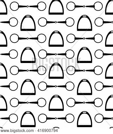 Vector Seamless Pattern Of Horse Equestrian Bit Snaffle And Stirrup Isolated On White Background