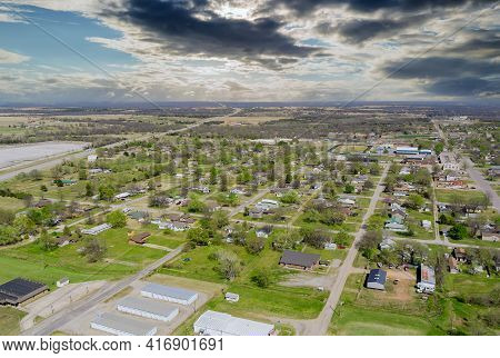 Landscape Scenic Aerial View Of A Suburban Settlement In Usa With A Beautiful Town Detached Houses T