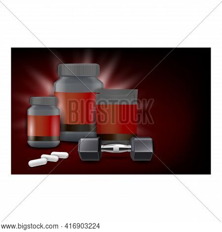 Sport Supplement Creative Promo Banner Vector. Protein And Gainer, Creatine Monohydrate Pills Blank 
