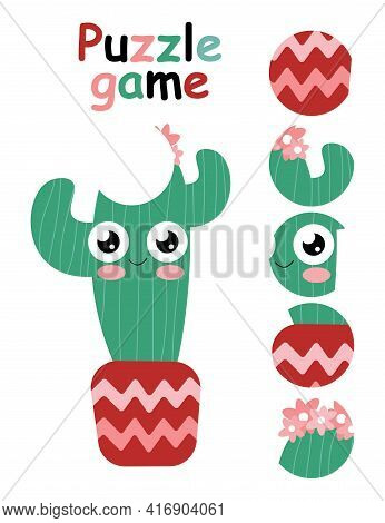 Happy Cute Blooming Cactus Girl Puzzle Game For Children Stock Vector Illustration. Find The Correct