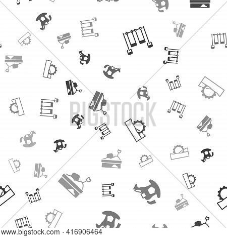 Set Double Swing, Horse Saddle, Ferris Wheel And Sandbox With Sand On Seamless Pattern. Vector