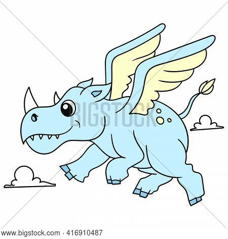 The Fat Winged Rhino Flew Around The Sky, Doodle Draw Kawaii. Vector Illustration Art