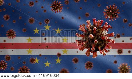 3D, Flu Coronavirus Floating Over Cape Verdean Flag. Cape Verde Covid 19