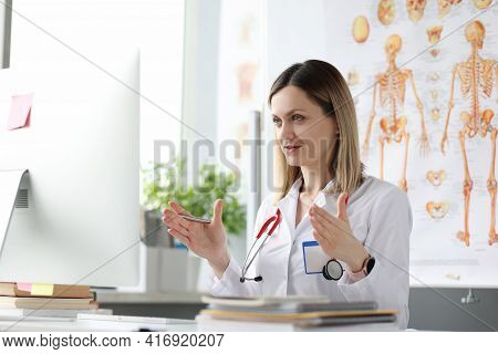 Female Doctor Conducts Online Training In Medicine Through Online Communication