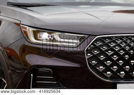 Moscow, Russia - March 18, 2021: Headlights Of The New Seven-seater Minivan Chery Tiggo 8 Pro. Led O