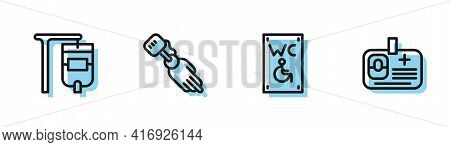 Set Line Separated Toilet For Disabled, Iv Bag, Prosthesis Hand And Identification Badge Icon. Vecto