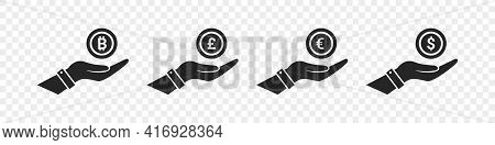 Currency Icons. World Money Symbols. Finansial Vector Icons. Coin On Hands. Vector Illustration