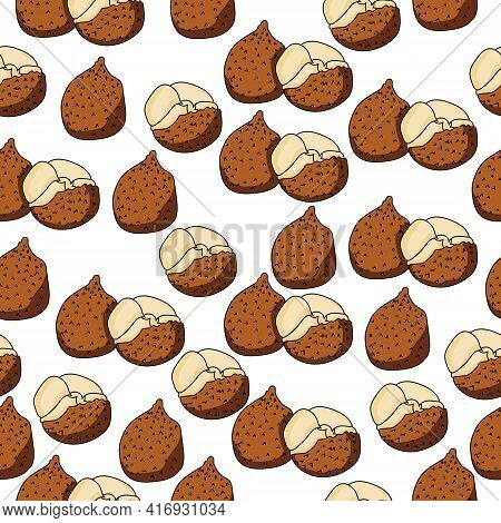 Ita Palm Fruit Seamless Pattern, Juicy Fruit Whole And Half On A White Background Vector Illustratio