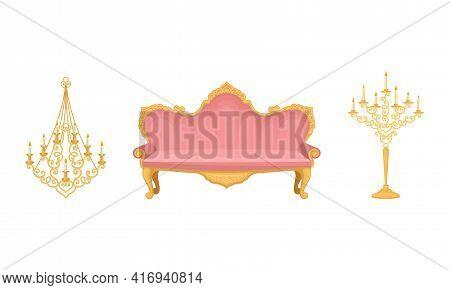 Vintage Furniture And Interior Design With Upholstered Sofa And Chandelier Vector Set