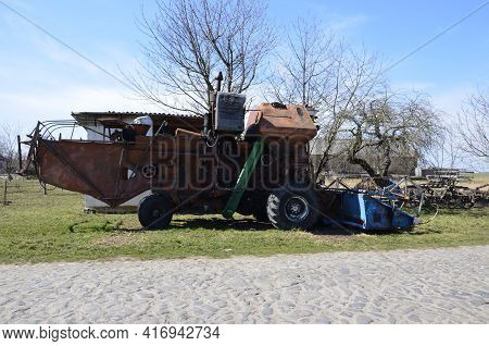 Old Rusty Disassembled Combine Harvester.old Soviet Combine 