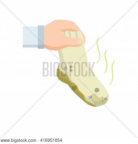 Hands Holding Dirty Sock. Cleaning And Laundry. Household Chores. Flat Cartoon Illustration. Smelly 