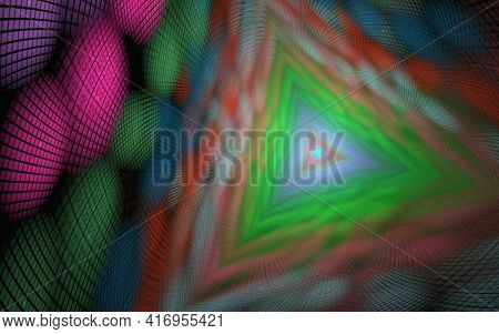Trihedral Tunnel, Geometric Abstract Background Of Elements With Spectral Radiance, Long Tunnel. Abs