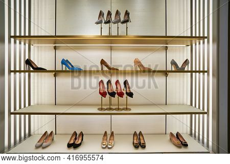 KUALA LUMPUR, MALAYSIA - CIRCA JANUARY, 2020: interior shot of Stuart Weitzman store at Suria KLCC shopping mall in Kuala Lumpur.
