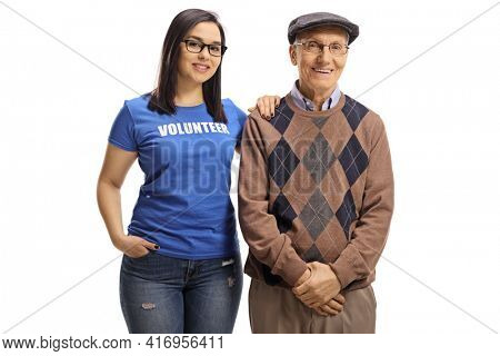 Young girl volunteer posing with an elderly man isolated on white background
