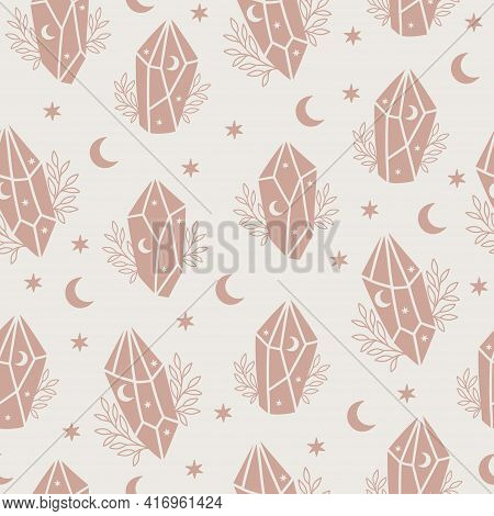 Magic And Celestial Seamless Pattern With Magical Crystal. Trendy Witchcraft Symbol On Beige Backgro