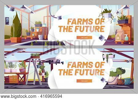Farms Of The Future Cartoon Web Banners, Smart Greenhouse, Futuristic Farming Technology. Digital De