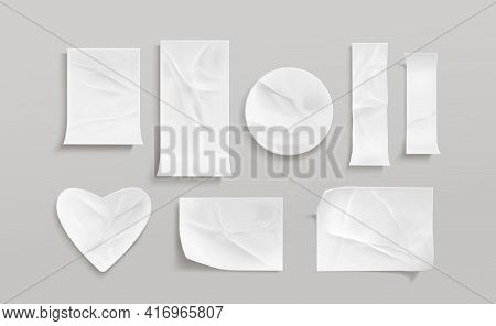 White Glued Stickers Or Crumpled Paper Patches Mockup. Blank Shrunken Labels Of Different Shapes Rou