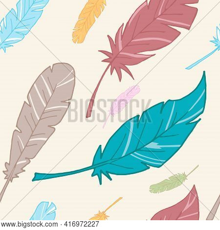 Seamless Background With Colored Feathers. The Pattern Is Seamless And Multicolored. Vector Illustra