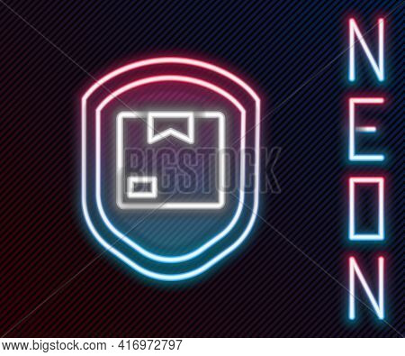 Glowing Neon Line Delivery Pack Security With Shield Icon Isolated On Black Background. Delivery Ins