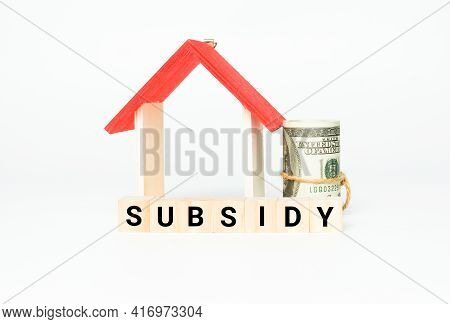 A Picture Of Wooden Block With Subsidy Word, House Miniature And Fake Money Insight. Property Subsid
