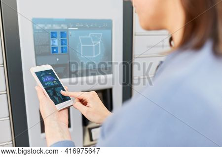 mail delivery, technology and post service concept - close up of woman with smartphone choosing operation on outdoor automated parcel machine's touch screen