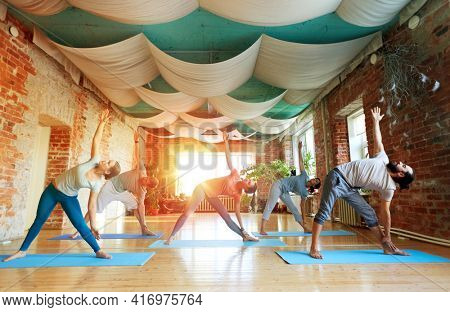 fitness, sport and healthy lifestyle concept - group of people doing yoga in triangle pose at studio