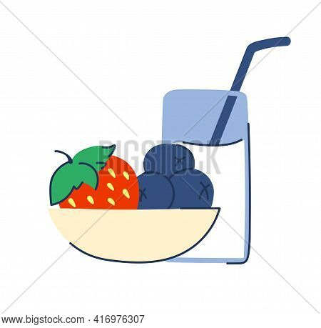 A Bowl Of Dessert With Strawberries And Blueberries. A Glass Of Milk With A Straw. The Isolated Obje