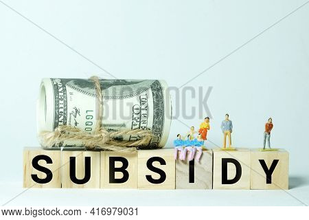 A High Key Photo Of Fake Money, Miniature And Subsidy Word Block. Subsidy Is A Grant Or Contribution