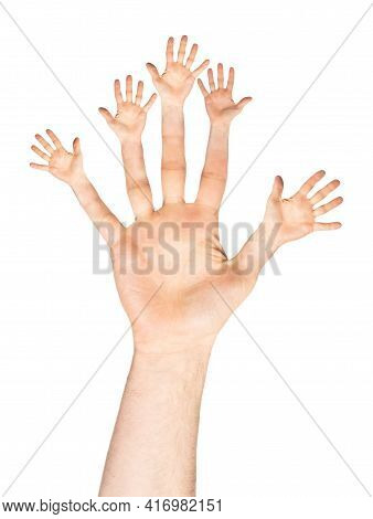 Caucasian Open Man Hand With Open Hand Fingers - Number Five Or Twenty-five Gesture, Isolated On Whi