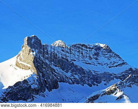 Snowy Alpine Mountain Peak Oldenhorn (oldehore Or Becca D\'audon) Located In A Mountain Massif Les D