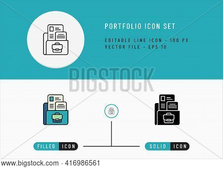 Portfolio Icons Set Editable Stroke Vector Illustration. Employment Business Symbol. Icon Line Style