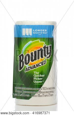 IRVINE, CALIFORNIA - MAY 22, 2019:  A roll of Bounty Advanced Paper Towels, the Quicker Picker Upper.