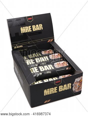 IRVINE, CALIFORNIA - AUGUST 20, 2019: A display box of Sprinkled Donut MRE Bars, from RedCon1.