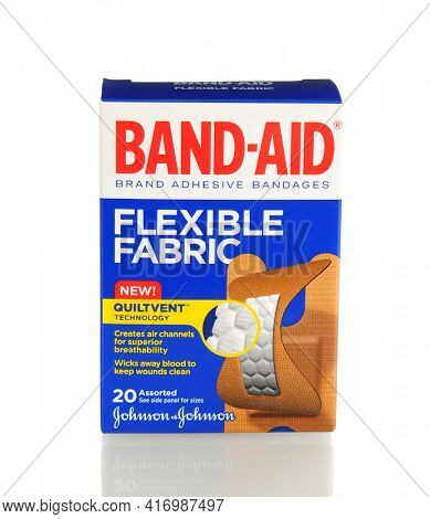 IRVINE, CA - January 21, 2013: 20 count box of Band-Aid Brand Ashesive Bandages, Flexible Fabric. The Band-Aid was invented in 1920 by Johnson and Johnson employee Earle Dickson.