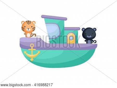 Cute Little Tiger And Panther Sailing On Emerald Ship. Cartoon Character For Childrens Book, Album, 