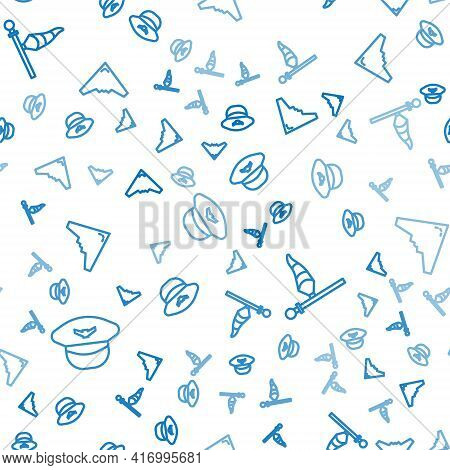 Set Line Pilot Hat, Cone Meteorology Windsock Wind Vane And Jet Fighter On Seamless Pattern. Vector