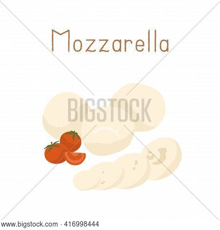 Gourmet Italian Mozzarella Cheese With Cherry Tomatoes. Whole Mozarella Balls And Its Cut Pieces. Co