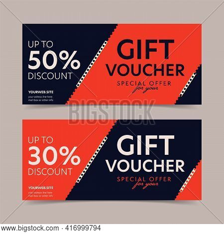 Gift Voucher With Up To 30 And 50 Percent Special Discount. Elegant Horizontal Present Coupon Mockup