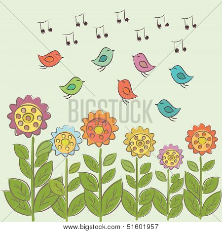 Art illustration with sing birds and flowers.