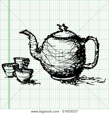 Sketch Drawing Of  Teapot With Cup  Graph Paper Vector.eps