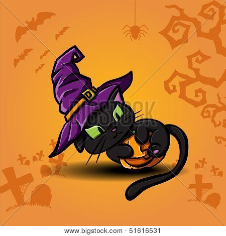 Halloween black cat wearing witches hat