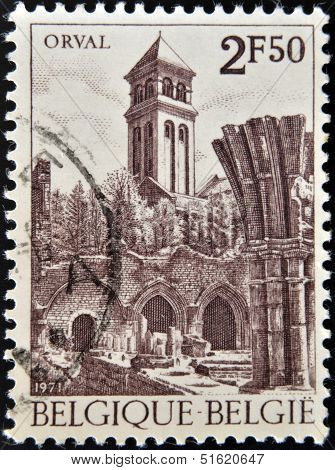 A stamp printed in Belgium shows an engraving of the Cistercian Abbey of Notre-Dame d'Orval