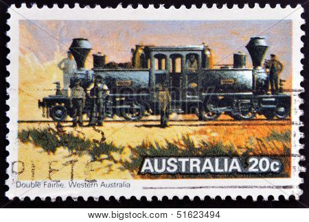 A stamp from Australia shows image of the the Australian steam locomotive Double Fairlie