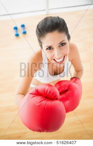 Fit woman wearing red boxing gloves smiling at camera at home in bright room