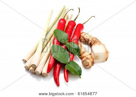 Group of tomyum (Thai food) seasoning ingredients on background