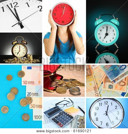 Business collage. Concept of time and money