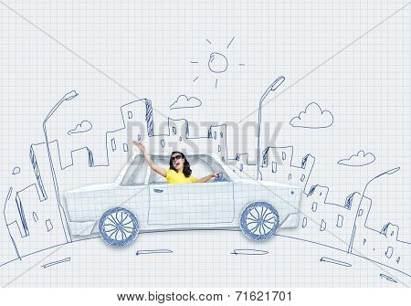 Young woman riding car made of list of paper