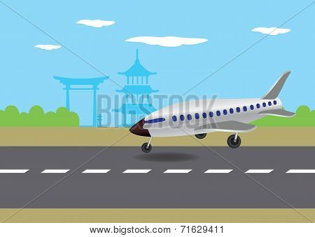 Airplane Landing In Japan Vector Illustration