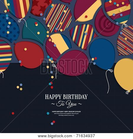 Vector colorful birthday card with paper balloons and wishes.